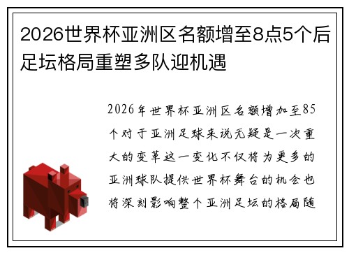 2026世界杯亚洲区名额增至8点5个后足坛格局重塑多队迎机遇 2026世界杯亚洲区名额增至8点5个后足坛格局重塑多队迎机遇