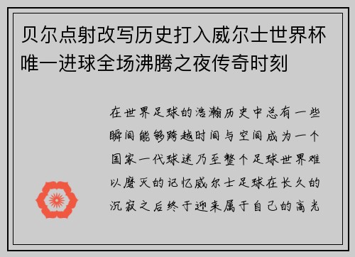 贝尔点射改写历史打入威尔士世界杯唯一进球全场沸腾之夜传奇时刻